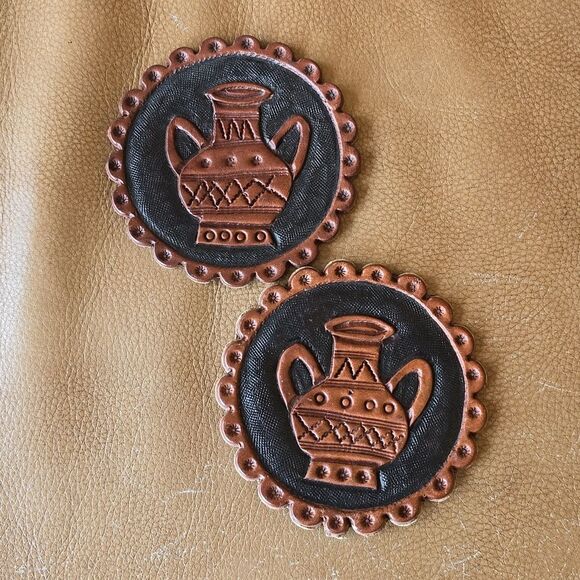 Hand tooled Leather Coaster f Southwestern Water Jug Native American - Picture 4 of 8